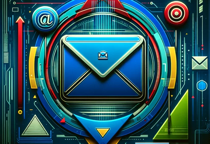 Illustration of a forgotten email account with a generic logo featuring a mailbox symbol in blue, red, yellow, and green colors, complemented by a cyberpunk-inspired aesthetic with a cool color scheme of deep blues and bright cyans, suggesting a high-tech digital environment where digital communication has been lost in time
