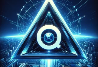 Futuristic illustration of an internet provider logo with a large white 'O' in a blue triangle, set in a cyberpunk-inspired high-tech digital environment