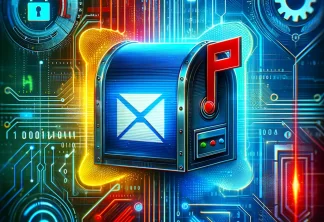 Futuristic password security illustration in cyberpunk style for email communication, featuring a digital mailbox icon in blue, red, yellow, and green against a high-tech background.