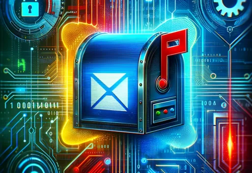 Futuristic password security illustration in cyberpunk style for email communication, featuring a digital mailbox icon in blue, red, yellow, and green against a high-tech background.