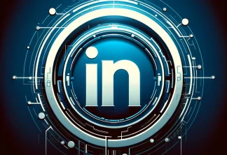 Futuristic social network concept illustration with 'in' logo in a blue circle against a cyberpunk high-tech background