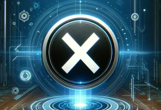 Futuristic illustration of a generic social network concept with a white X inside a black circle in a digital cyberpunk environment