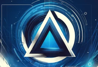 Illustration of a futuristic internet provider concept with a logo featuring a symbol resembling a large white 'O' in a blue triangle, set against a cyberpunk-inspired high-tech environment.