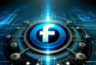 Futuristic social network illustration with 'F' symbol in blue circle, cyberpunk background