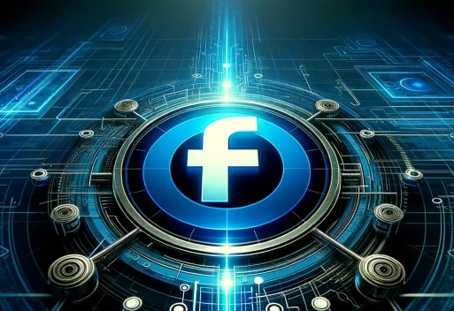 Futuristic social network illustration with 'F' symbol in blue circle, cyberpunk background