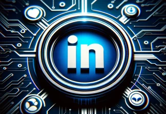 Abstract futuristic illustration of a social network concept with 'in' logo in a blue circle against a cyberpunk-inspired high-tech background