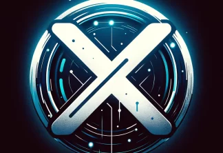 Futuristic social network logo with white 'X' in black circle, digital cyberpunk background